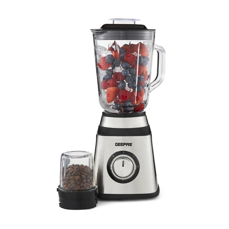 Geepas 2 in 1 Food Jug Blender with 1.5L Glass Jar | Stainless Steel Blades, 2 Speed Control with Pulse | Smoothie Blender with Coffee/Spice Grinder Mill Included | 2 Year Warranty, 1.5L, 600W Silver