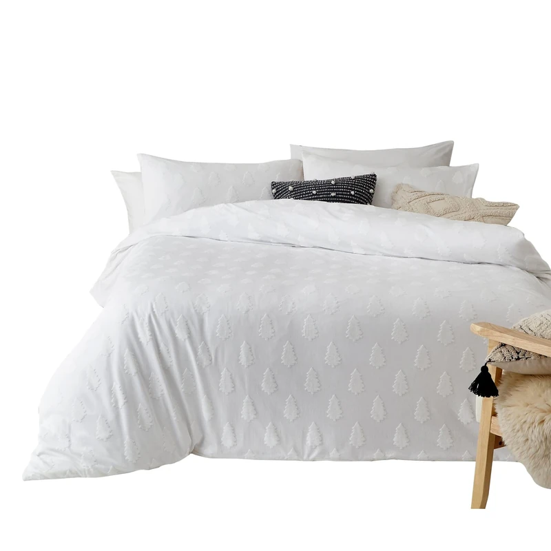 The Linen Yard Tufted Tree Double Duvet Cover Set,3 pieces, Cotton, Snow