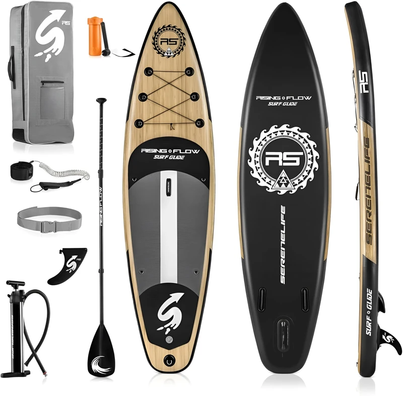 SereneLife 15cm Thick Performance Inflatable Paddle Board, Sleek Woodgrain SUP with Speed-Focused Design, Non-Slip Deck, Wide Stance & Premium Accessories – Ideal for Adults & Advanced Riders