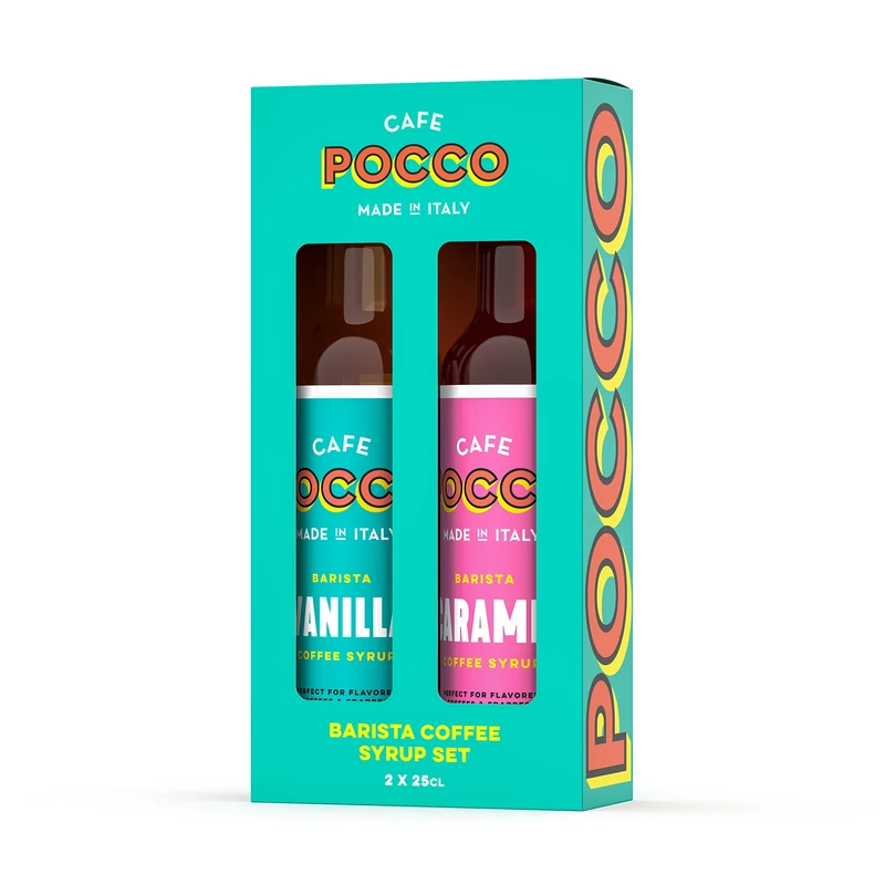 Cafe Pocco Coffee Syrup Set - 250ml Glass Bottles - Caramel & Vanilla - Perfect For Making Lattes, Iced Lattes and Frappes - Image 1