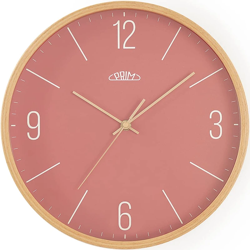 PRIM Wooden Wall Clock in Beautiful Colours, Light Wood and Red, Quartz Movement Sweep, Glass, Wood, Diameter 305 x 40 mm, Modern Style Wall Decoration, Natural Material, for Living Room, Bedroom,