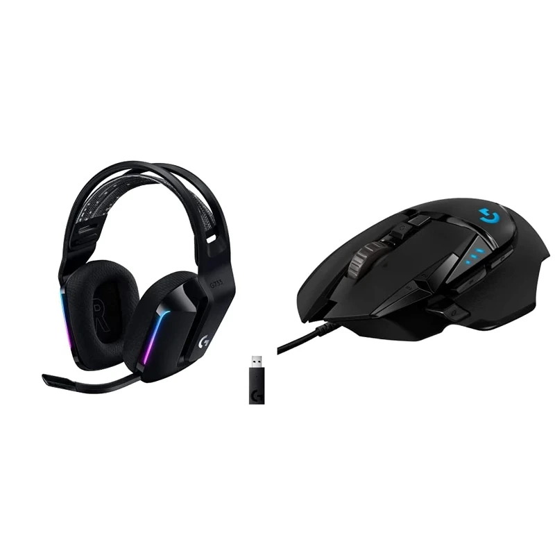 Logitech G733 LIGHTSPEED Wireless Gaming Headset with suspension headband, LIGHTSYNC RGB - Black & 502 HERO High Performance Wired Gaming Mouse, HERO 25K Sensor- Black