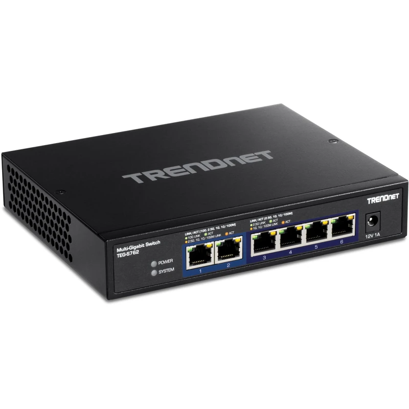 TRENDnet 6-Port 10G Switch, 4 x 2.5G RJ-45 BASE-T Ports, 2 x 10G RJ-45 Ports, 60Gbps Switching Capacity, Wall Mountable, 10 Gigabit Network Connections, Black, TEG-S762