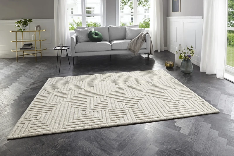 ELLE Manipu Fluffy Short Pile Rug, Modern Living Room Rug - High Low Effect, Soft Labyrinth Pattern - for Living Room, Bedroom, Kitchen or Dining Room, Cream, 80 x 150 cm