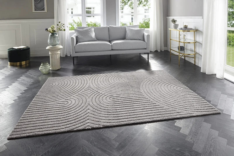 ELLE Decoration Panglao Modern High Pile Rug - Living Room Rug Fluffy - High-Low Skandi Boho Style Waves - for Living Room, Bedroom, Kitchen, Hallway - Grey, 120 x 170 cm
