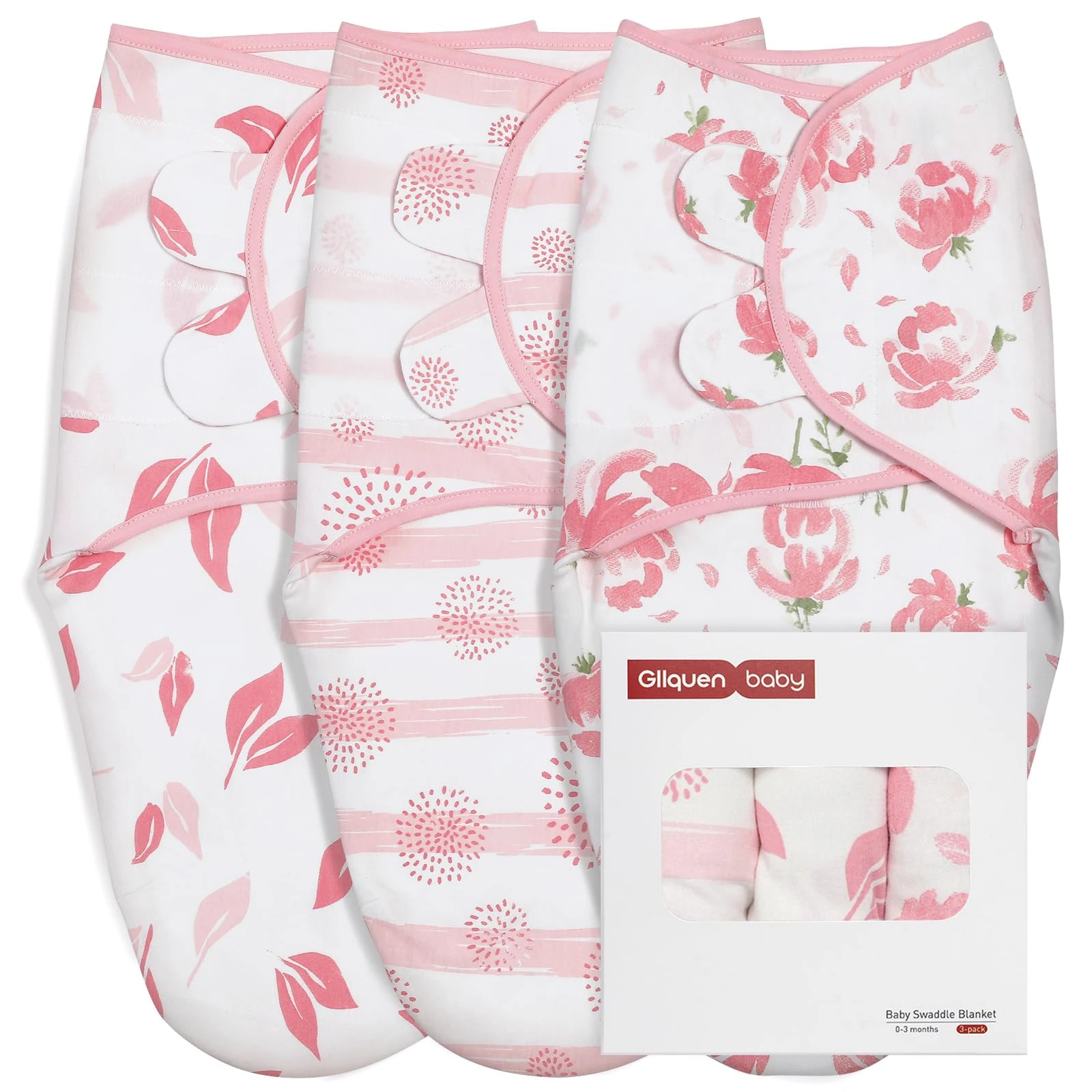 GLLQUEN BABY Baby Swaddle Wraps for 0-3 Months Newborn, Oeko-tex100,100% Breathable Organic Cotton Fabric Swadding Blankets,3 Pack (Flower)