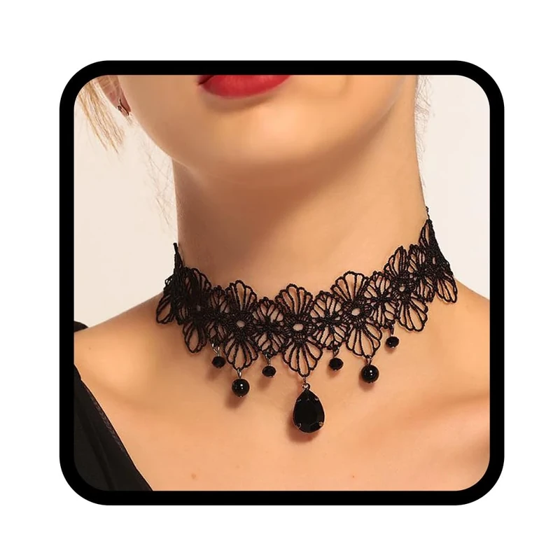 Handcess Black Lace Choker Necklace Crystal Beads Pendant Necklaces Gothic Hollow Flower Choker Jewelry Accessories for Women