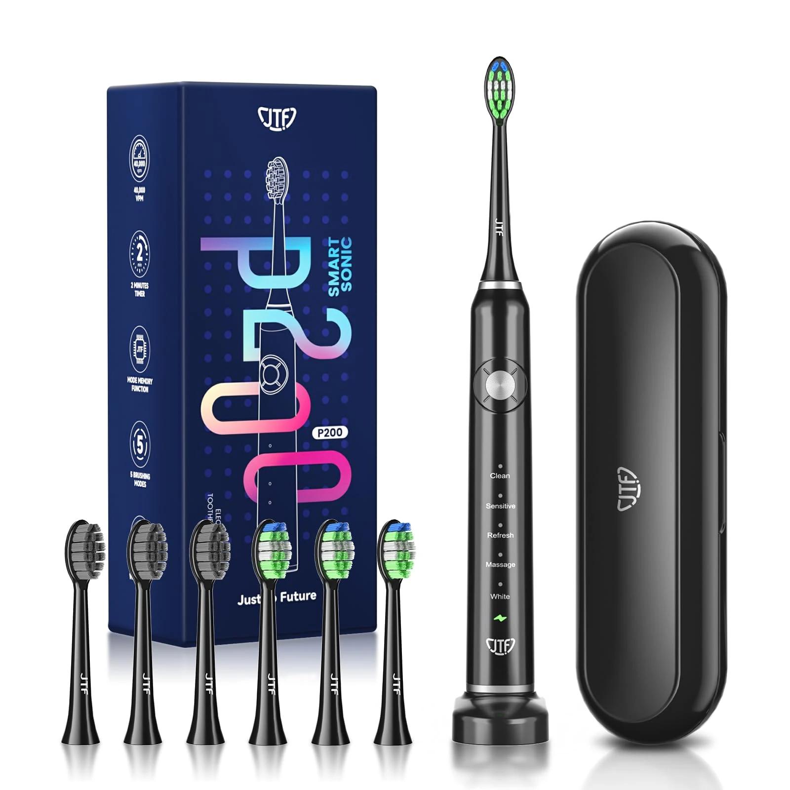 JTF Sonic Electric Toothbrush Adults, Portable Rechargeable Toothbrush with 6 Brush Heads 5 Modes,40000 VPM Deep Clean, 60 Day Battery & Timer, IPX7 Waterproof, Toothbrush Holder, Travel Case, Black