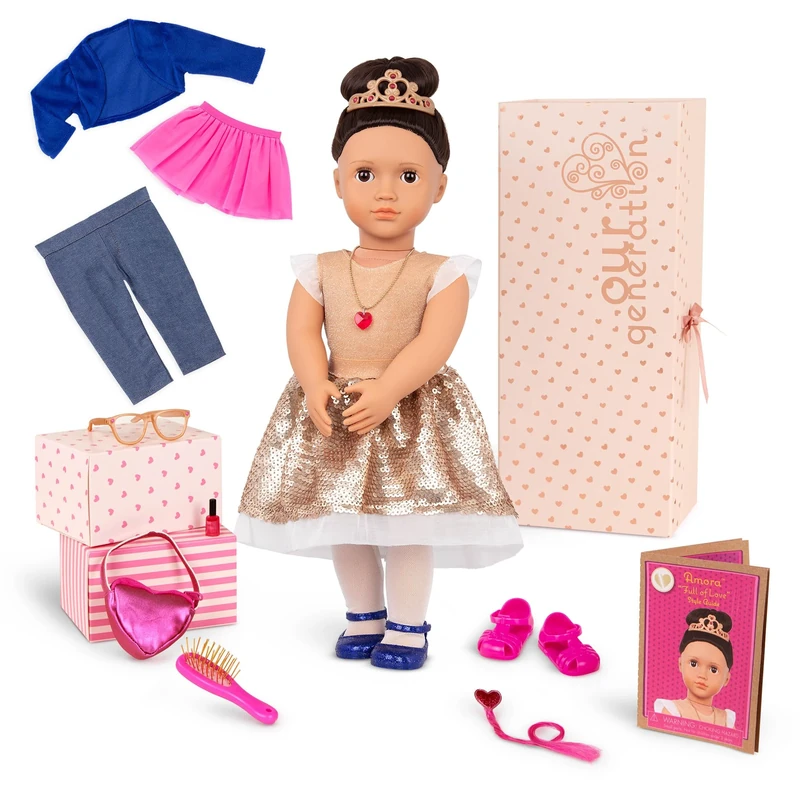 Our Generation – 18-Inch – Sweetheart Themed Fashion Starter Doll – Amora – Brown Hair & Hazel Eyes – 3 Outfits & Styling Accessories in Gift Box – Pretend Play Ages 3+ Years