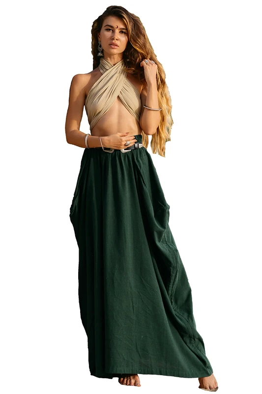 Thaluta Women's Maxi Boho Skirt with Pockets Bohemian Organic Cotton Hippie Gypsy, Hunter Green, One Size - Image 1