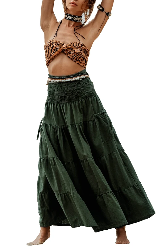 Thaluta Maxi Boho Skirt Long Pockets Cotton Hippie Bohemian Elastic Waist Gypsy Skirt, Hunter Green, One Size