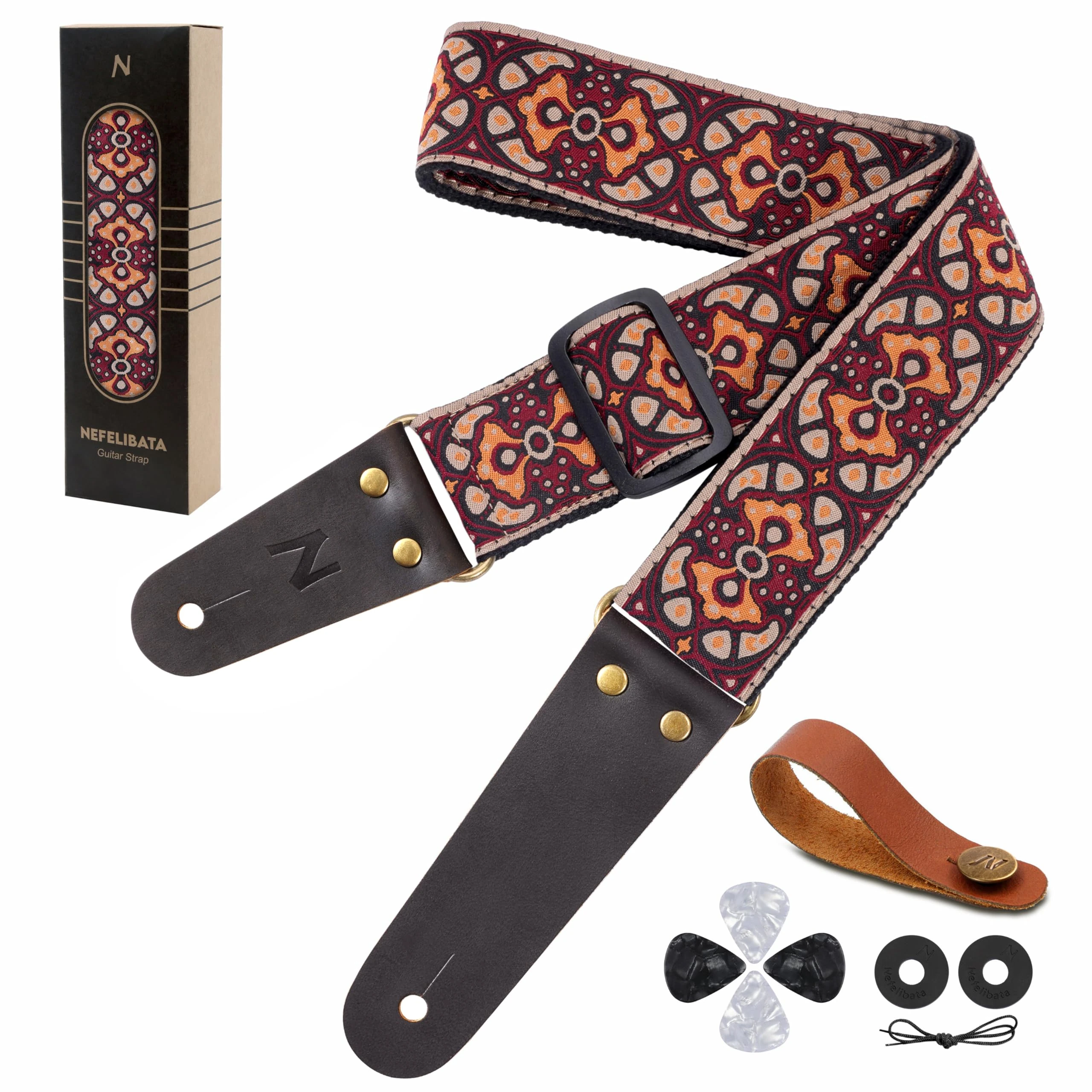 Nefelibata Guitar Strap, Embroidered Cotton Guitar Straps with Genuine Leather Ends for Bass, Electric & Acoustic Guitars, Come with Free Strap Button, 2 Strap Locks and 4 Guitar Picks