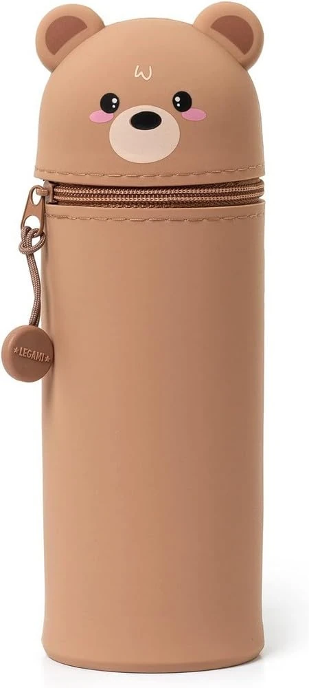 Legami - 2 in 1 Pencil Case in Soft Silicone, Kawaii, 6,3x18,5 cm, Teddy Bear Theme, Pencil Case and Desk Pen Holder, Retractable Capacity, Zipper Closure