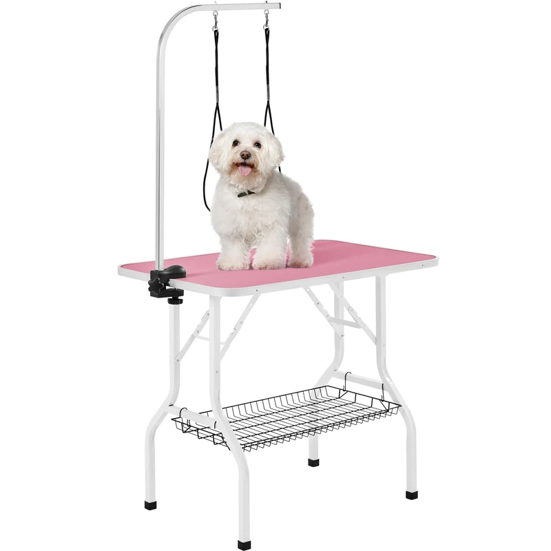 Yaheetech 36'' Adjustable Dog Grooming Table For Dogs/Cats w/Basket/Noose Tools Storage Rack Stainless Steel Arm Frame, Pink