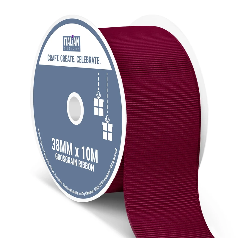 Italian Options Grosgrain Ribbon 38mm, Strong Plain Burgundy Ribbon for Bows, Wedding, Crafting, Sewing, Hair Accessories, Gift Wrap, 38 mm x 10 Metre Roll, Burgundy - Image 1