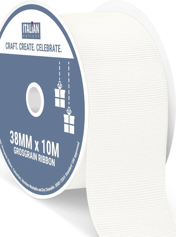 Italian Options Grosgrain Ribbon 38mm, Strong Plain Ivory Ribbon for Bows, Wedding, Crafting, Sewing, Hair Accessories, Gift Wrap, 38 mm x 10 Metre Roll, Ivory