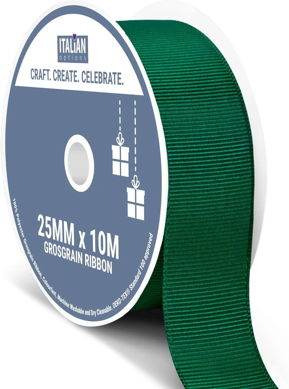 Italian Options Grosgrain Ribbon 25mm, Strong Plain Dark Green Ribbon for Bows, Wedding, Crafting, Sewing, Hair Accessories, Gift Wrap, 25 mm x 10 Metre Roll, Dark Green