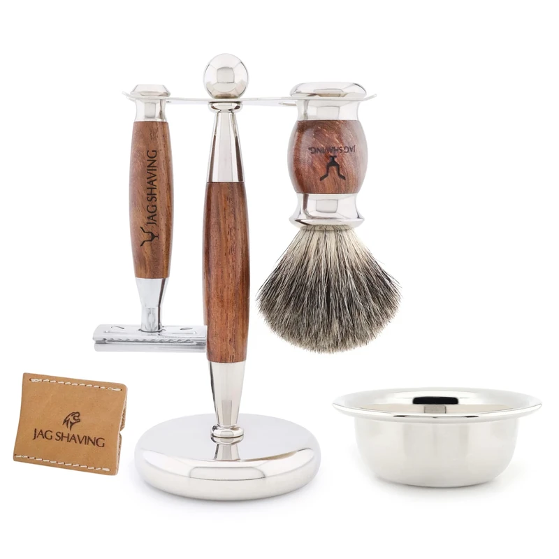 Jag Shaving Set - JAG's LEE Range 5-Piece Shaving Set - Super Badger Hair Shaving Brush - Double Edge Safety Razor - Shaving Stand - Leather Bag for Safety Razor - Shaving Bowl - Wood Set