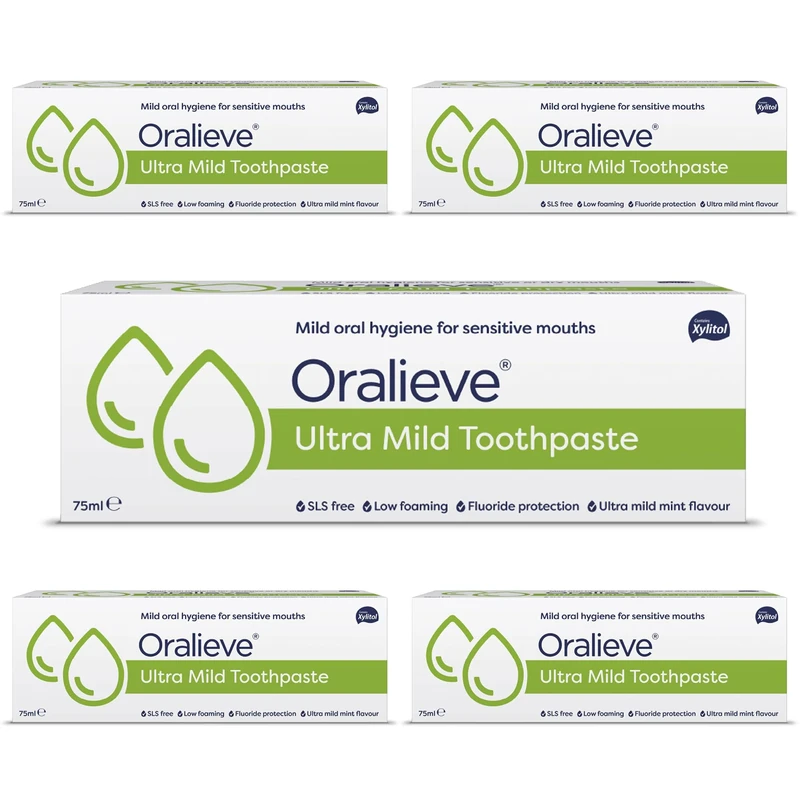 Oralieve Ultra Mild Toothpaste (5 x 75ml), SLS-Free Formula for Sore, Dry, Sensitive Mouths with Fluoride & Xylitol – Genuine Oralieve Toothpaste