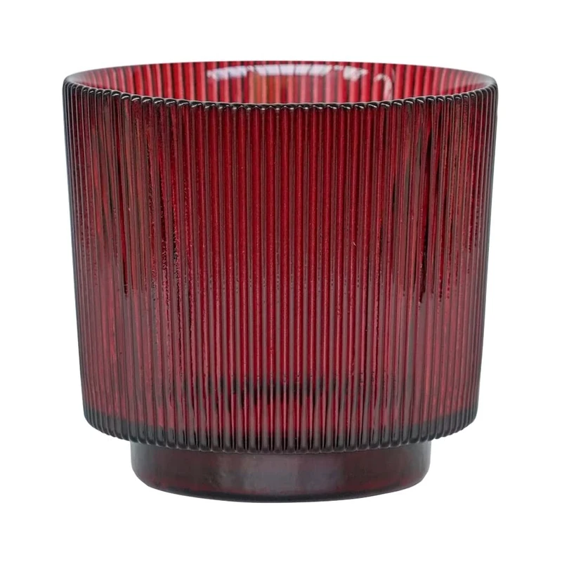 Ivyline Glass Plant Pot, Ribbed Design 10.5cm Coloured Glass Planter Small, Glass Tealight Holder, Decorative Tea Light Votive Candle Holder, Glass Lantern for Candles (Burgundy)