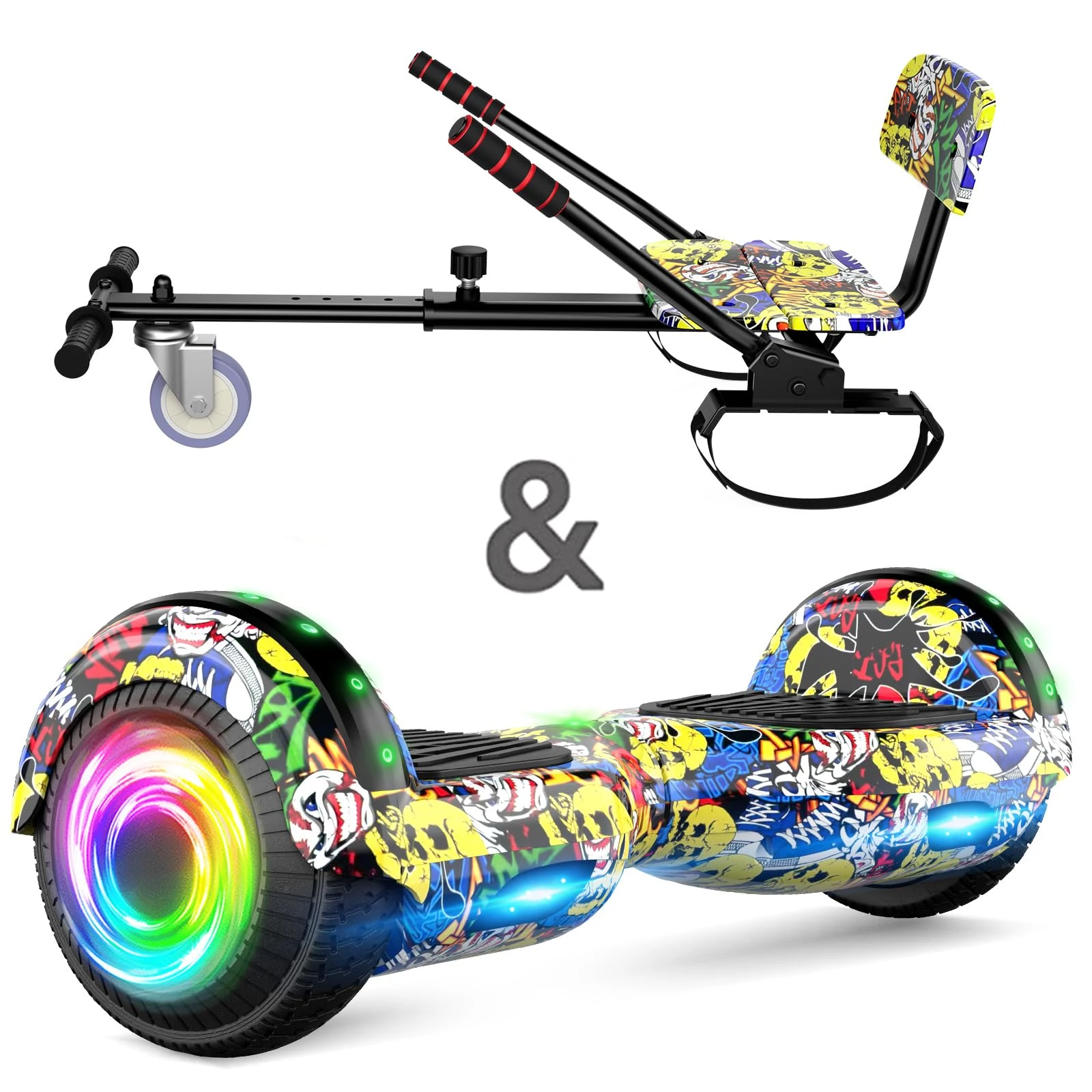 SISIGAD Hoverboard go Kart Seat, 6.5 Inches Hoverboard Hoverkart with LED Lights and Bluetooth Speaker, Hoverboard Go Kart Bundle for Kids Boys Girls