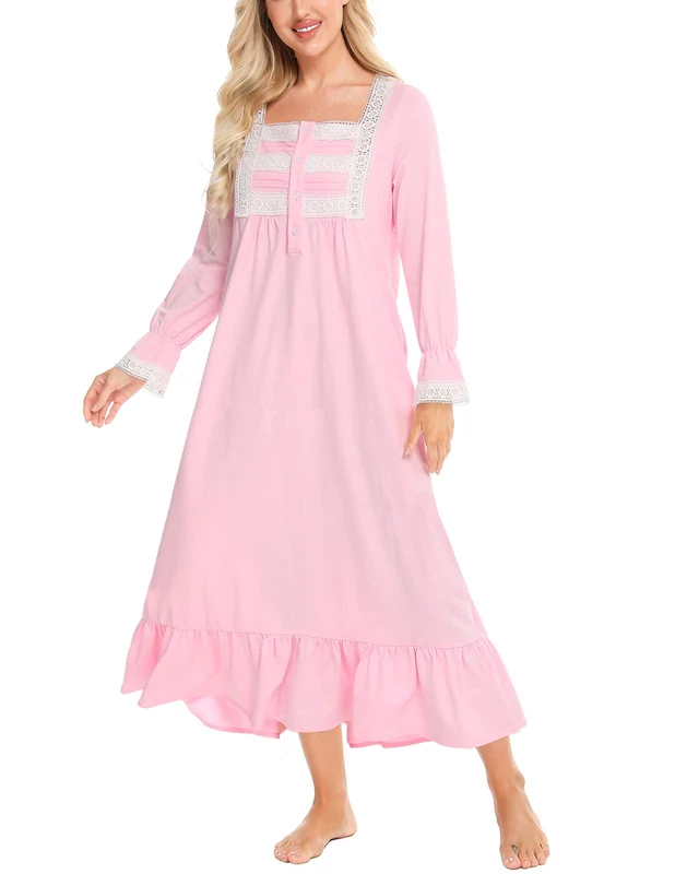 Rubehoow Women's 100% Cotton Nightgown Long Sleeve Victorian Sleep Shirt Full Length Ladies Nightdress with Pokcets (L,Pink) - Image 1