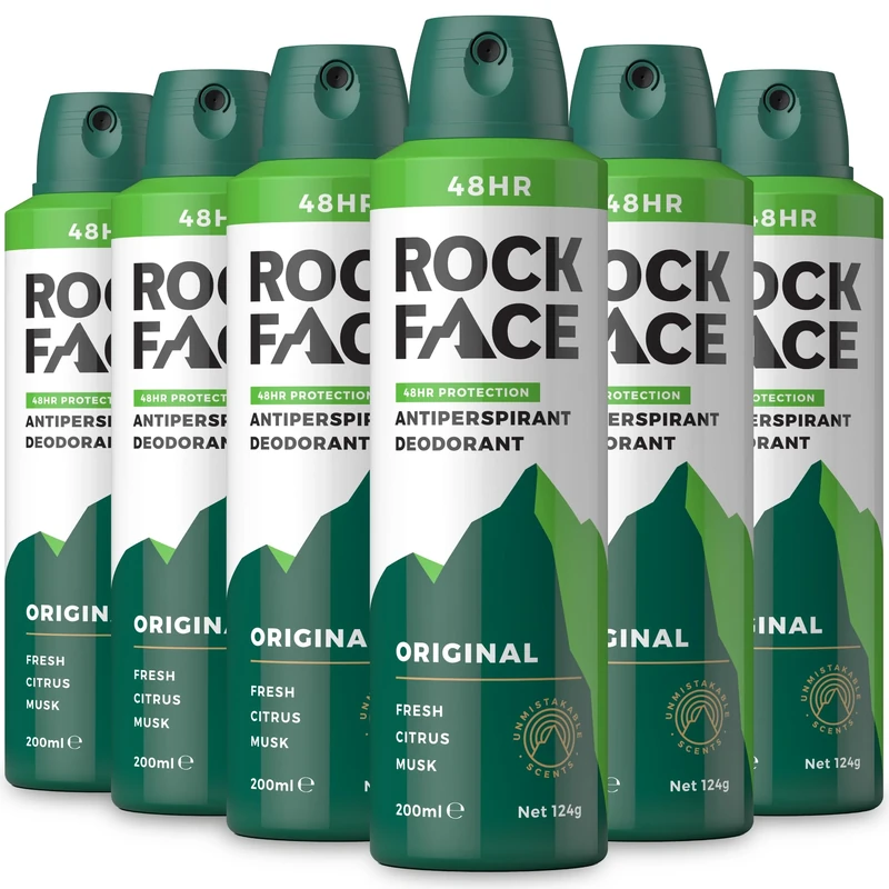 Rock Face Antiperspirant Deodorant for Men - Original Fresh Citrus Scent, 200ml Spray, 48 Hour Protection, Non-Staining, Multipack of 6