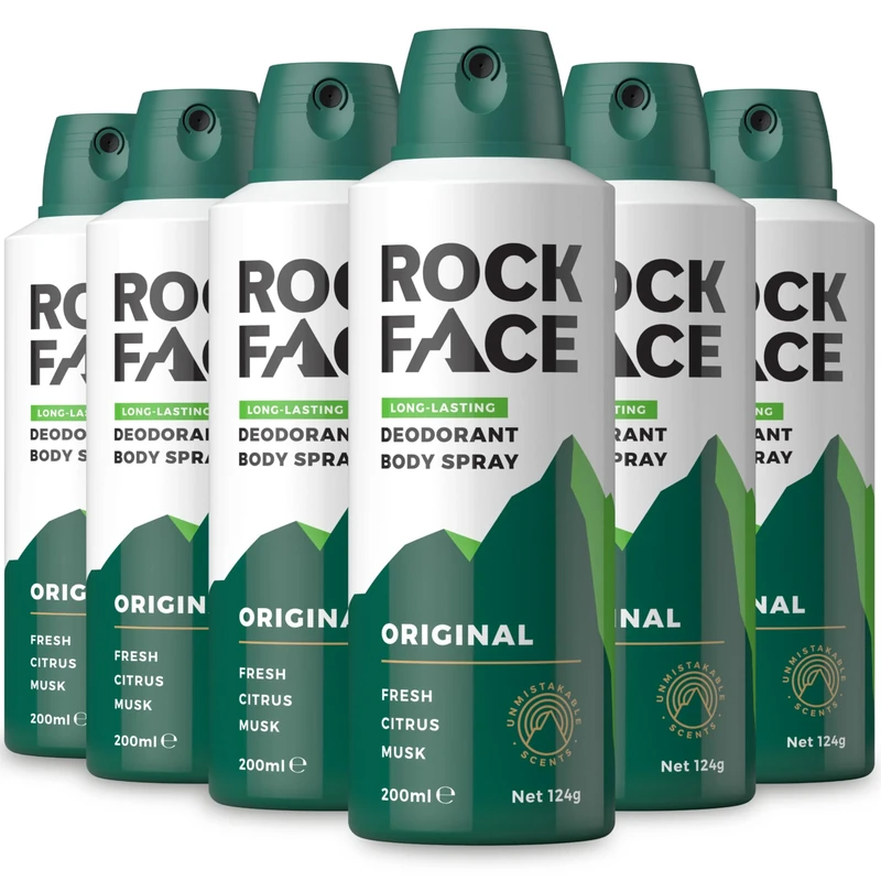 Rock Face Men's Body Spray - Original Fragrance Body Spray Deodorant for Men, 200ml, Fresh Citrus Scent, Long Lasting, Multipack of 6