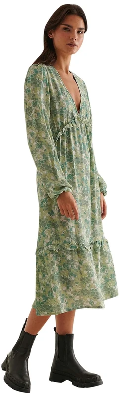 NA-KD Women's Balloon Sleeve Midi Frill Casual Dress, Green Flower, 12 UK