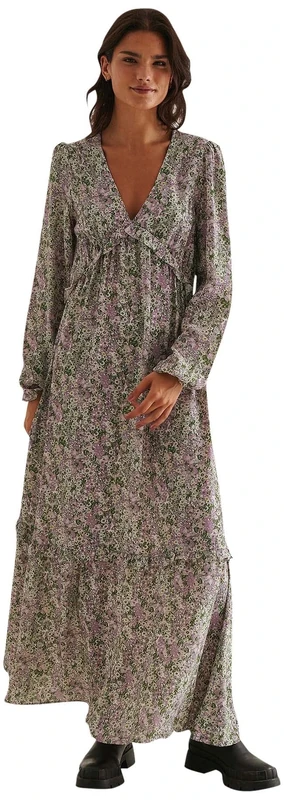NA-KD Women's Balloon Sleeve Maxi Frill Casual Dress, Pink Flower, 10 UK