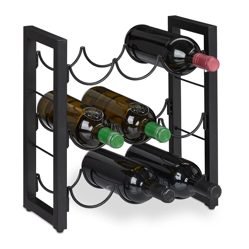 Relaxdays Metal Wine Rack, 9 Bottles, HxWxD: 37 x 35 x 17 cm, Free Standing Holder, Drinks Shelves, Kitchen & Bar, Black, Iron