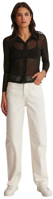 NA-KD Women's Wide Leg Raw Hem Denim Jeans, Ecru, 10 UK
