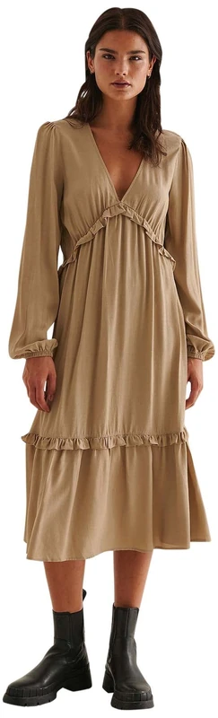 NA-KD Women's Balloon Sleeve Midi Frill Casual Dress, Dark Beige, 8 UK