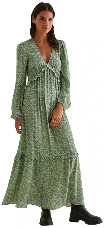 NA-KD Women's Balloon Sleeve Maxi Frill Casual Dress, Green Flower, 10 UK