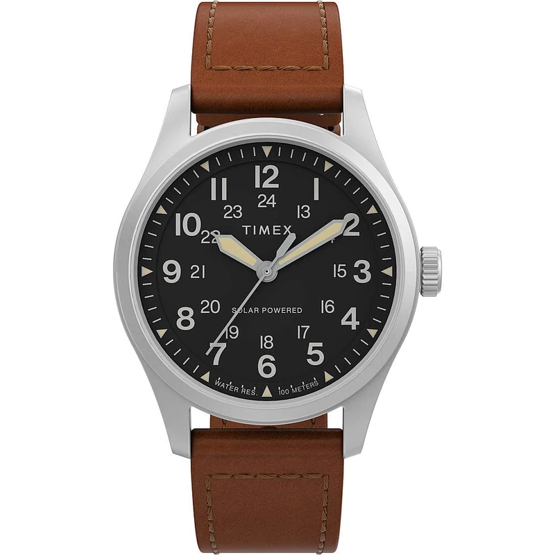 Timex Men's Expedition Field Post Solar 36 mm Watch - Brown Eco-Friendly Leather Strap with Black Dial and Stainless Steel Case TW2V00200