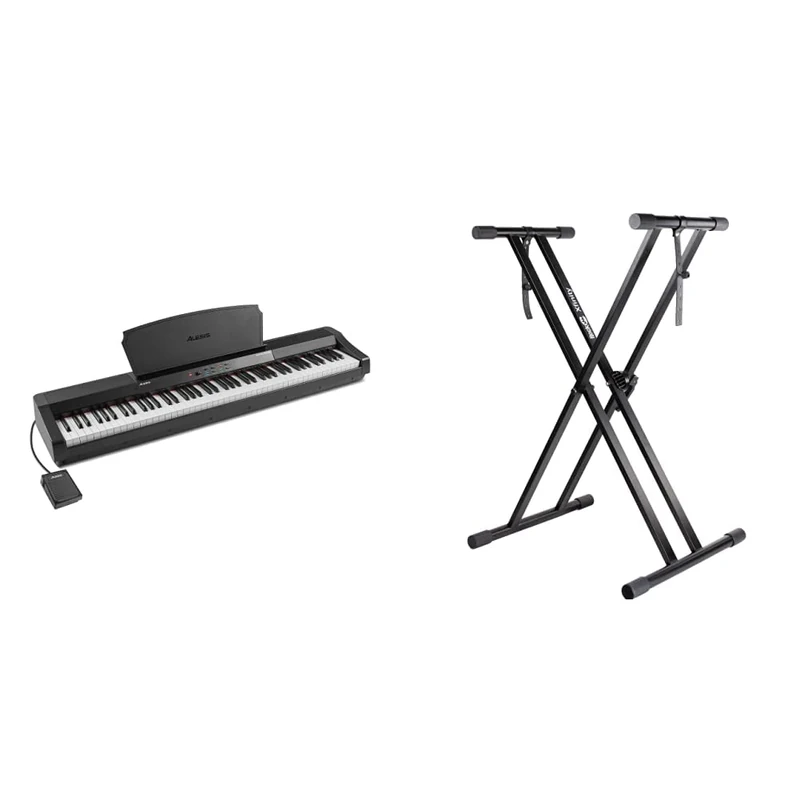 Alesis Recital Grand – 88 Key Digital Piano with Full Size Graded Hammer Action Weighted Keys & RockJam XX-363 Xfinity Doublebraced Pre Assembled Keyboard Stand with Locking Straps, Black