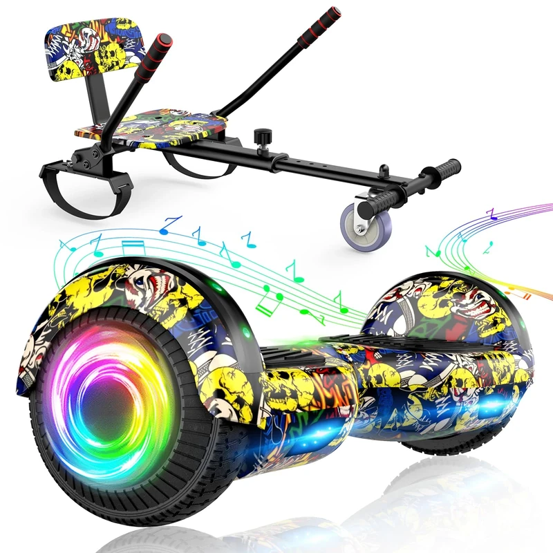 SISIGAD Hoverboard with sitz, 6.5 inch self-balancing hover board with Bluetooth-Lautsprechern und LED-Lichtern für Kinder und Erwachsene (Includes Sitz Hoverboard)