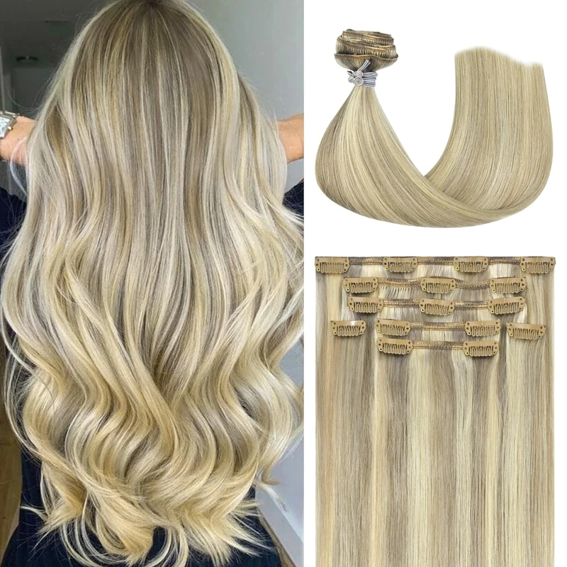 Honsoo Blonde Hair Extensions Clip In Balayage Hair Extensions Real Human Hair Mixed Bleach Blonde 15inch 70g 7pcs Straight Silky Blonde For Women Natural Hair