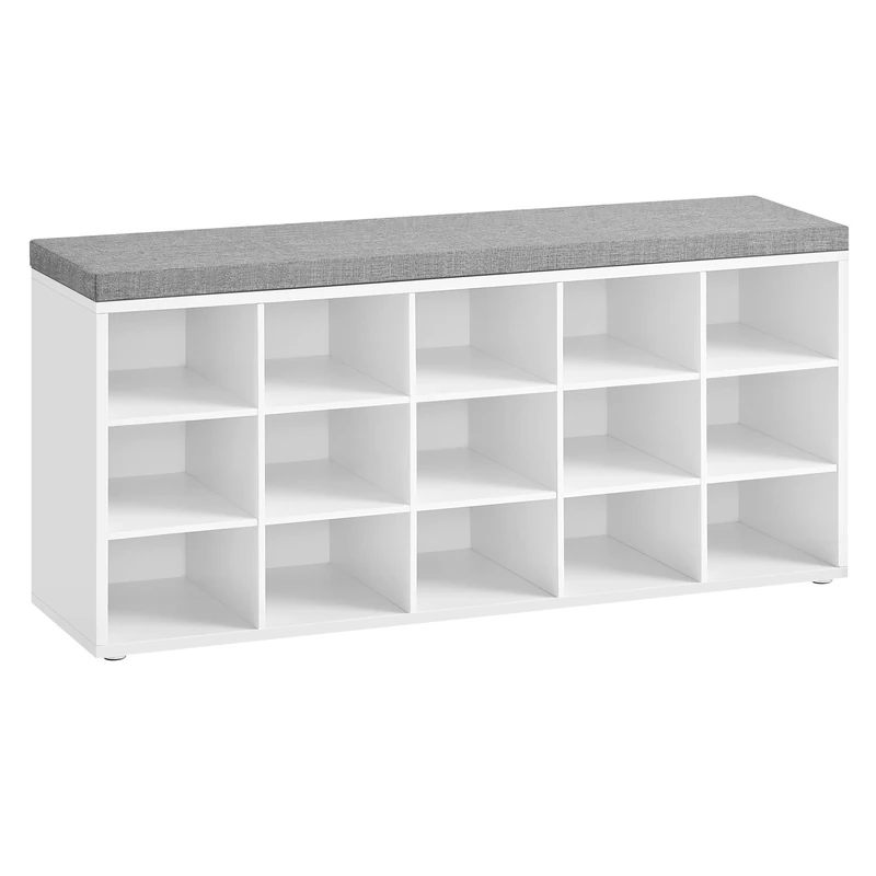 VASAGLE Shoe Bench, Storage Bench with Padded Seat, with Cushion, 15 Compartments, Adjustable Shelves, for Living Room, Hallway, 30 x 105 x 48 cm, Cloud White and Dove Grey LHS15WT