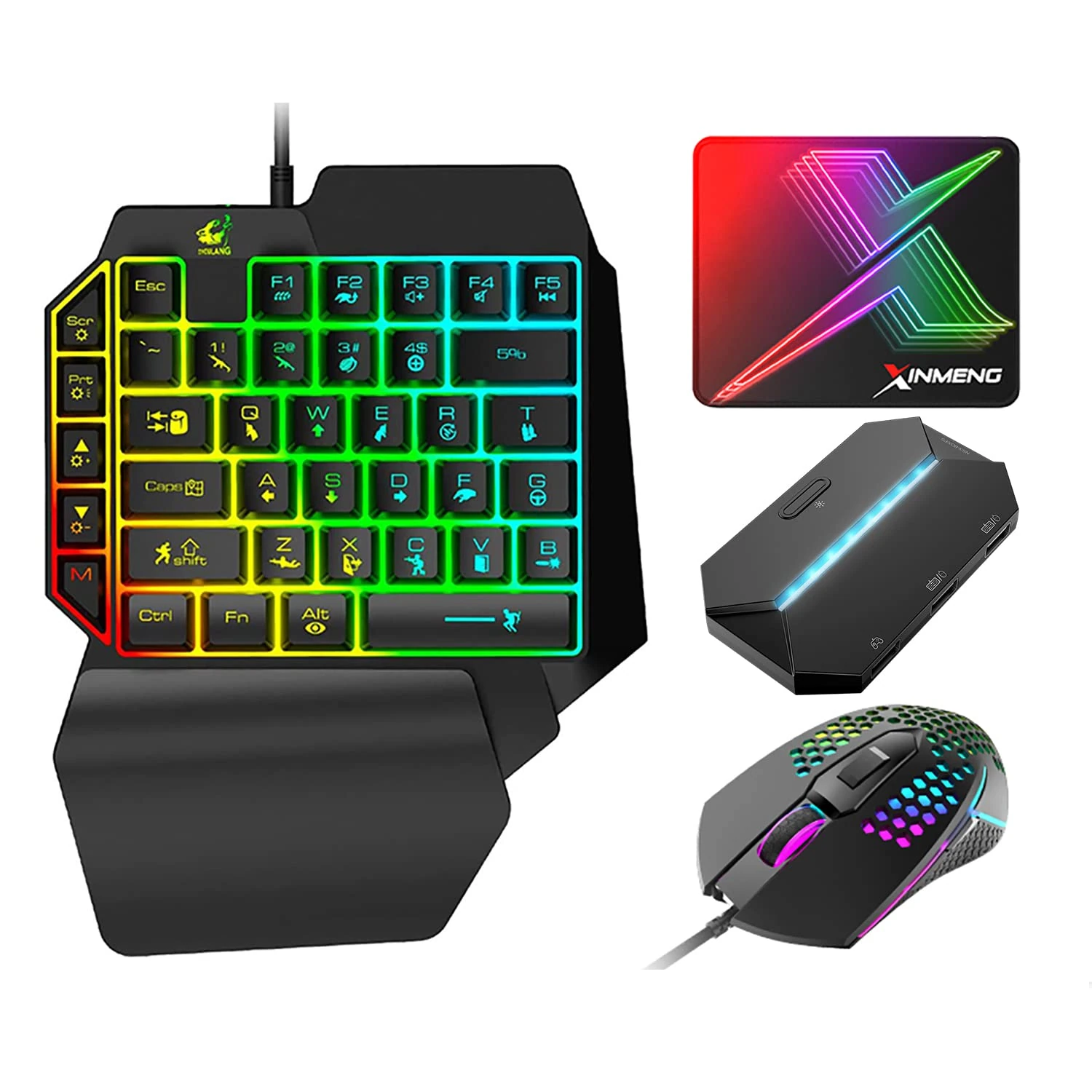 One Hand Gaming Keyboard and Mouse Combo, Wired 39 Keys Mechanical Feel Rainbow Backlit Keyboard+USB Ultra-Lightweight Gaming Mouse+LED Backlit Converter for Nintendo Switch/Xbox/PS4/PC+Mouse Pad