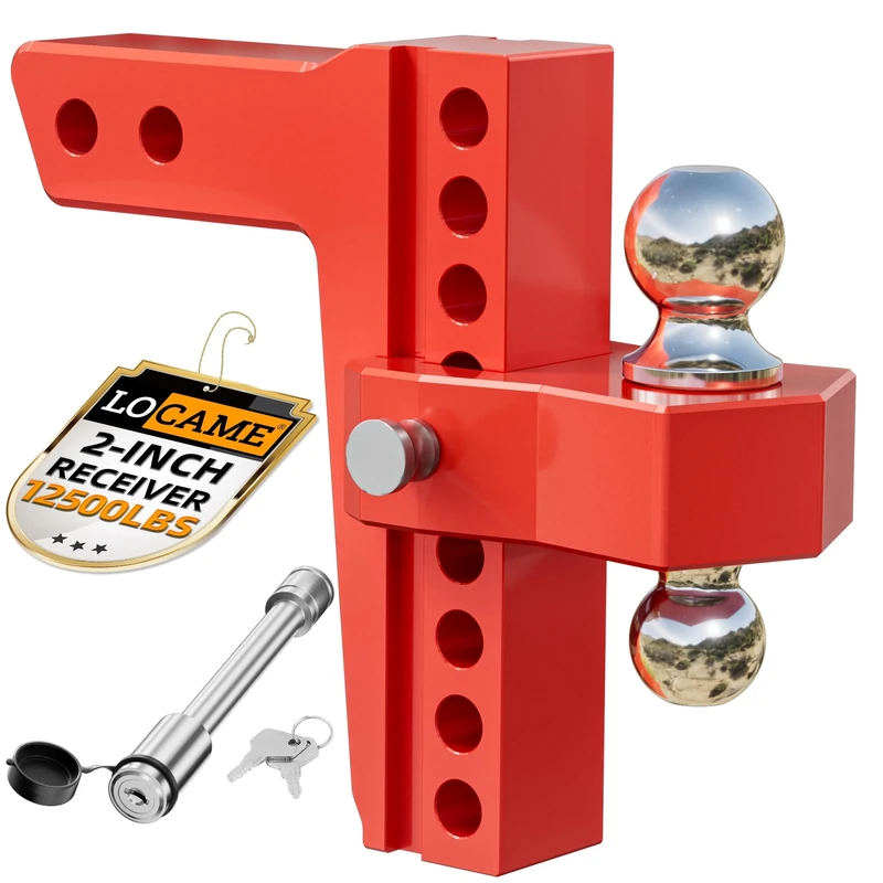 LOCAME Adjustable Trailer Hitch, Fits 2-Inch Receiver Only, 8-Inch Drop/Rise Aluminum Drop Hitch,12,500 LBS GTW-Tow Hitch for Heavy Duty Truck with Double Stainless Steel Locks, Red, LC0014