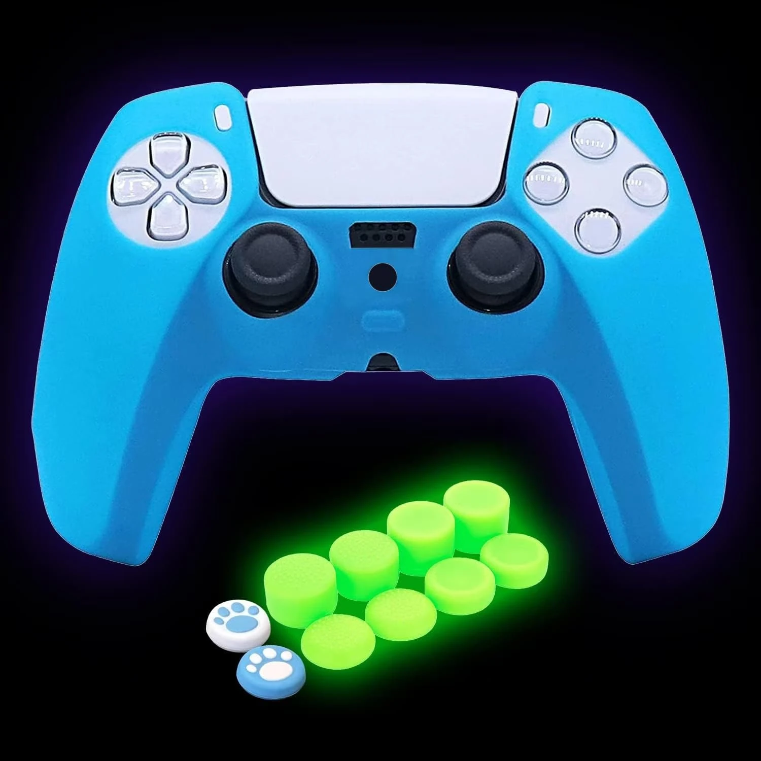HLRAO Blue PS5 Controller Skin Silicone Grip Glow in Dark Protective Case for PS5 Controller with 8 Glow in The Dark Thumb Grips Caps + 2 Cute Cat Paw Thumb Grips.