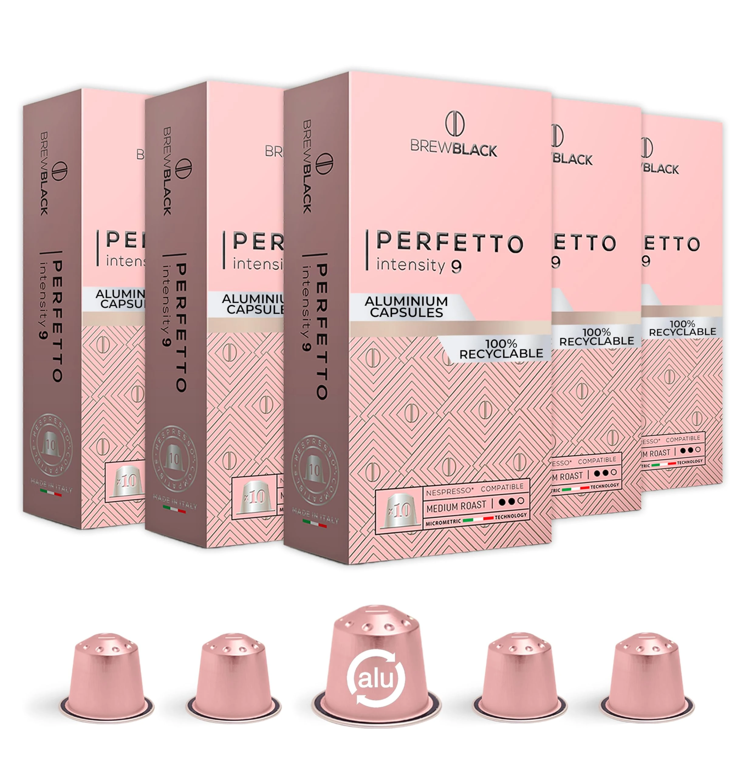 BrewBlack Perfetto Coffee Capsules - 50 Aluminium Coffee Pods Compatible with Nespresso Original line, Medium Roast - Intensity 9/12, Made in Italy gf