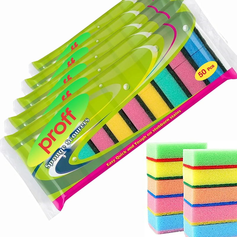 Proff Cleaning & Washing up Sponge Scourers, Foam, Mix Colours, Pack of 50