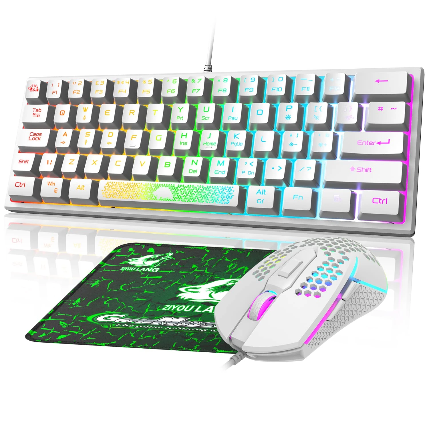 UK Layout 60% Gaming Membrane Keyboard, Wired Mini 62 Key RGB Backlit Effects Mechanical Feel Keyboard, 3200 DPI Lightweight Breathing Backlight Mouse with Mouse Pad For PC Laptop Gamer Office - White