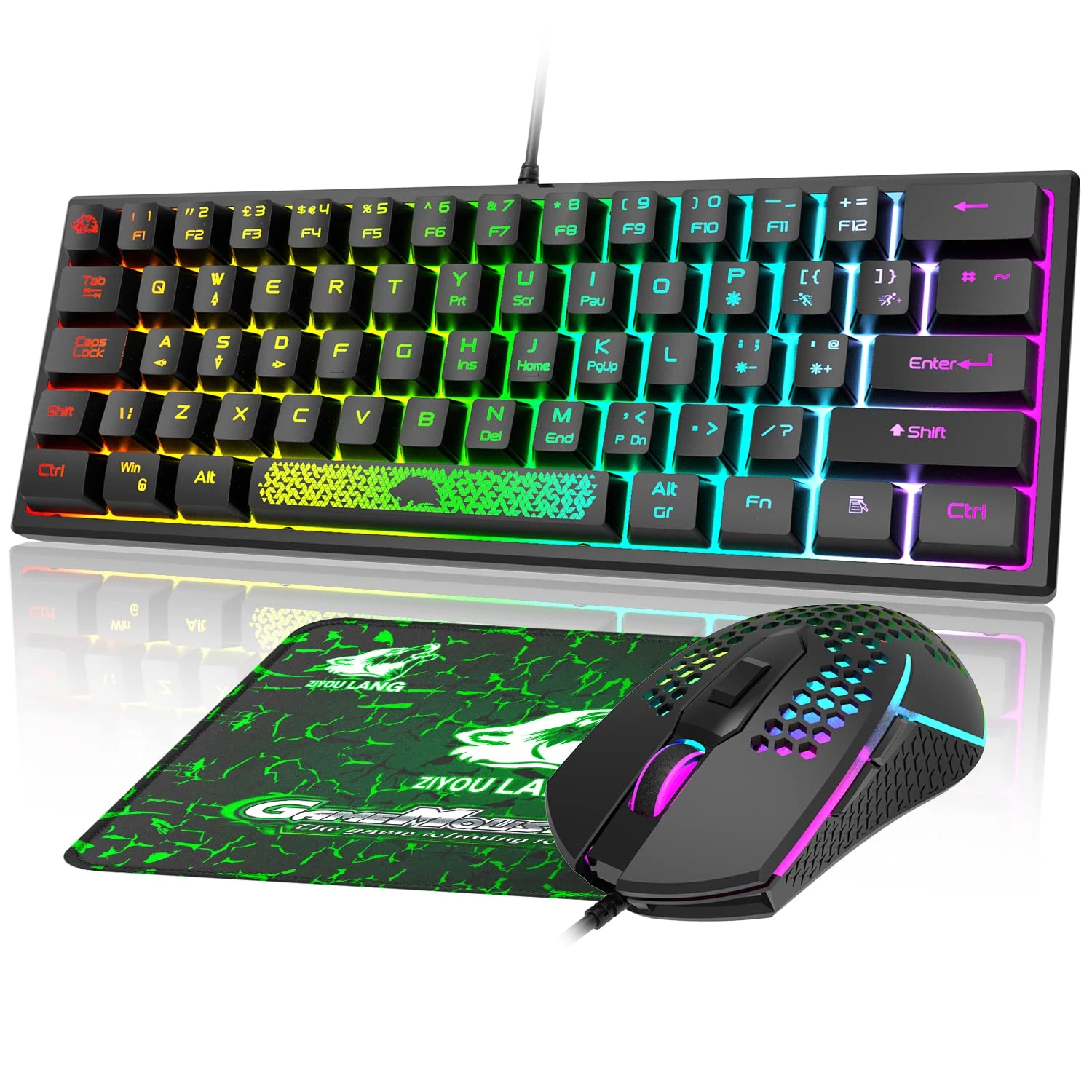 UK Layout 60% Gaming Membrane Keyboard, Wired Mini 62 Key RGB Backlit Effects Mechanical Feel Keyboard, 3200 DPI Lightweight Breathing Backlight Mouse with Mouse Pad For PC Laptop Gamer Office - Black