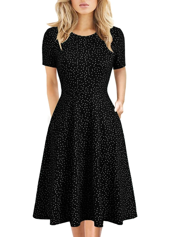 HELYO Women's Elegant Vintage Cotton Casual Floral Print Work Party A-Line Swing Dress with Pockets 162, Black/White, S