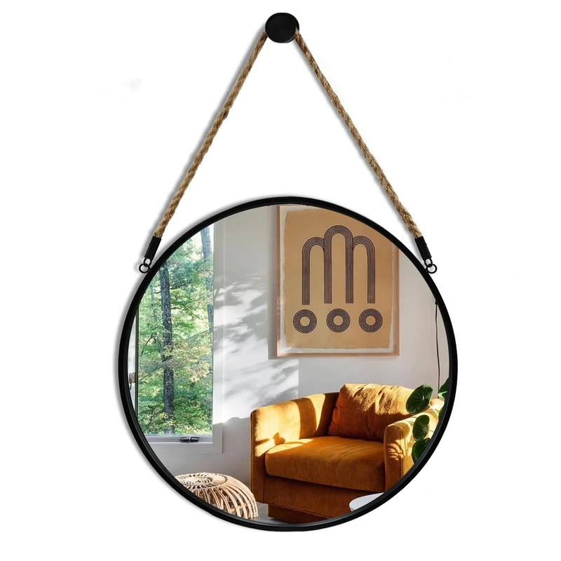 POZINO Round Mirror, 15" Rope Hanging Mirror, Farmhouse Circle Mirrors, Black Metal Frame Wall Mirrors for Bathroom, Bedroom, Living Room, Entryway, Home Decor