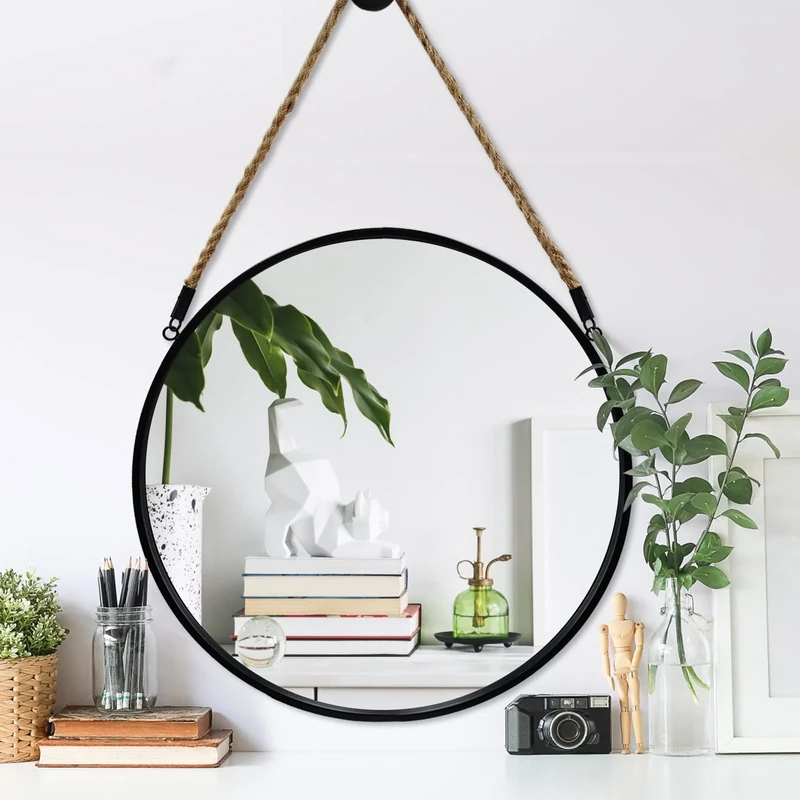 POZINO Round Hanging Mirror, 20" Rope Wall Mirror, Black Metal Frame, Farmhouse Decor for Bathroom, Bedroom, Living Room, Entryway