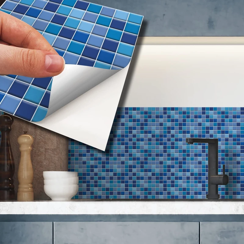 WALPLUS 120pcs 15x15cm Classic Blue Mini Mosaic Wall Tile Sticker Set Aluminium Film Peel and Stick Backsplash Decals Home Decors Splashback for Kitchen Bathroom Tiles Paint Stick on Wall Living Room - Image 1